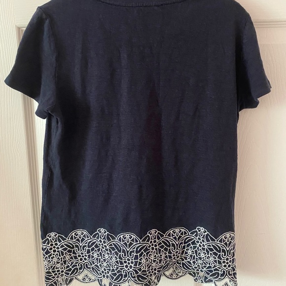 Tory Burch Navy Linen Embroidered T-Shirt - Picture 2 of 5